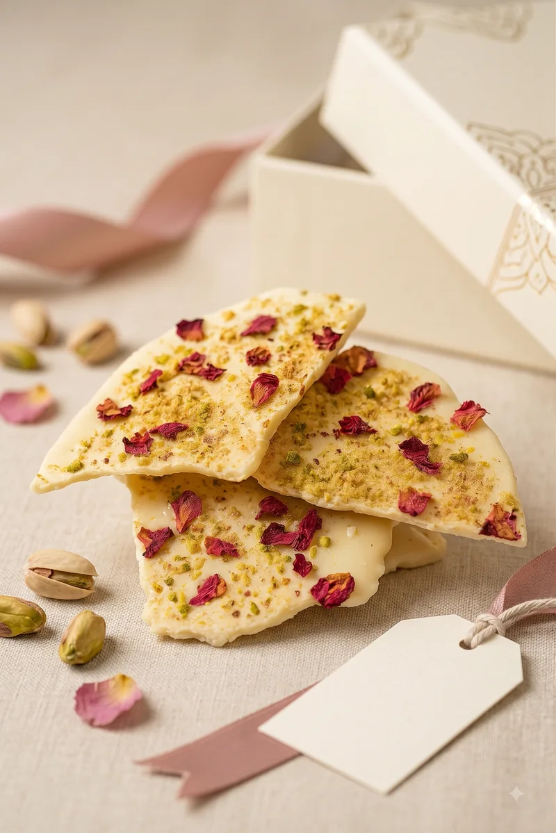 White Chocolate Pistachio and Rose Barks, Moi Doughssier